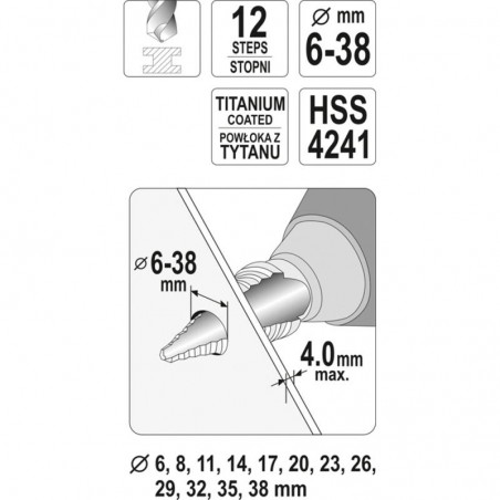 YT-44740 Τρυπάνι Κωνικό Τιτανίου 6-38mm