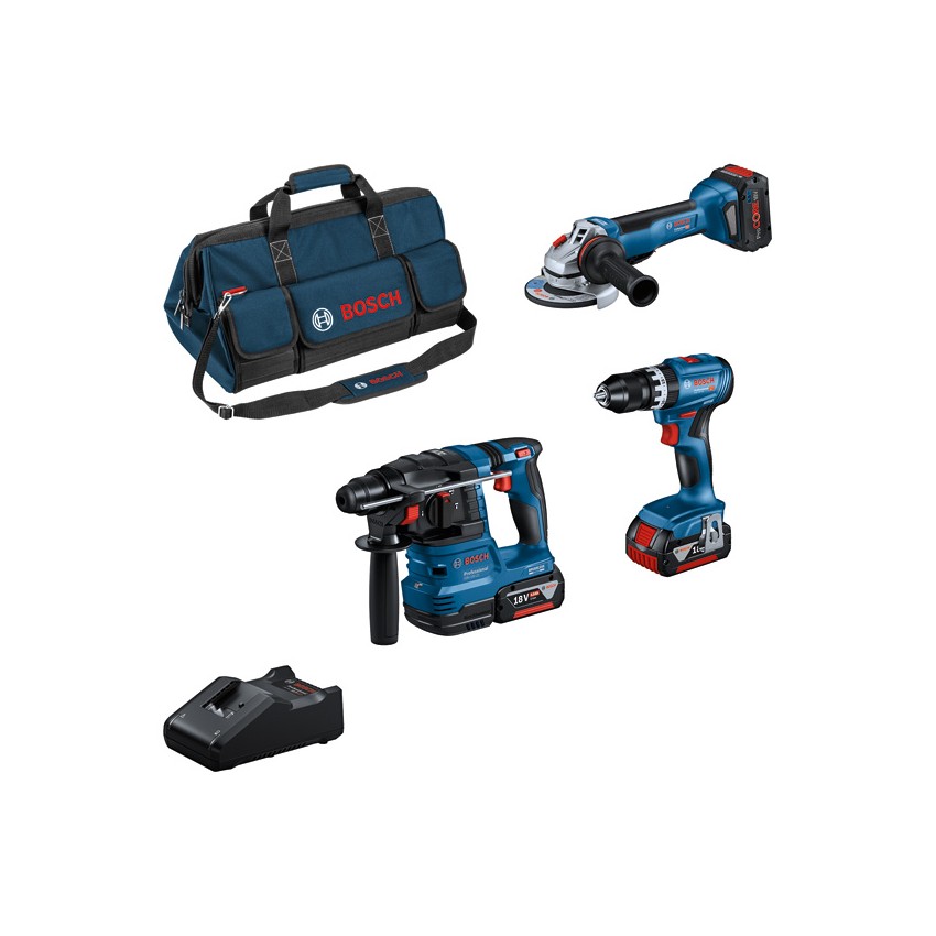 GSB 18V-45 + GWS 18V-10 + GBH 18V-22 Σετ Περιστρ. Πιστολέτο & Γων. Λειαντήρας & Κρουστ. Δραπ/βιδο 18V (2x5.0Ah & 1x5.5Ah)