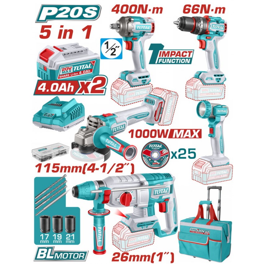 TCKLI20592E Σετ Εργαλείων Μπαταρίας 20V (2x4.0Ah) - 5 Τεμάχια