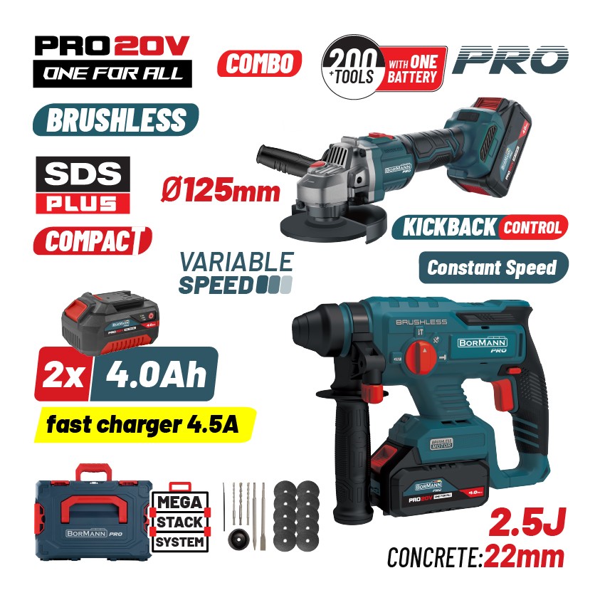 BBP5303X44Τ2CA Σετ Πνευματικό Brushless Σκαπτικό & Γωνιακός Τροχός Μπαταρίας 20V (2x4.0Ah)