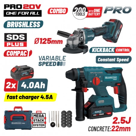 BBP5303X44Τ2CA Σετ Πνευματικό Brushless Σκαπτικό & Γωνιακός Τροχός Μπαταρίας 20V (2x4.0Ah)