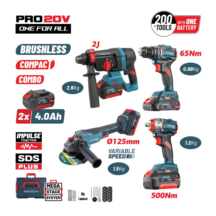 BBP5438X44T4CA Σετ Brushless Μπαταρίας, Δραπαν/βιδο, Γωνιακός Τροχός, Πνευματικό & Μπουλ/δο 20V (2x4.0Ah)
