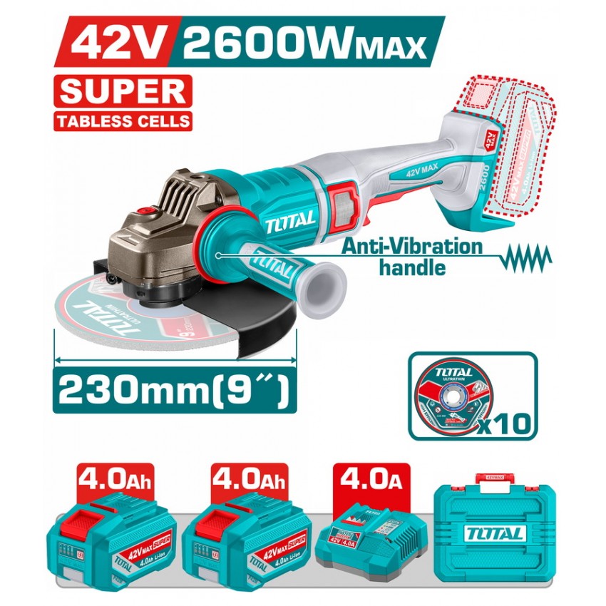 TAGLI4260182 Γωνιακός Τροχός Μπαταρίας 230mm 42V (2x4.0Ah)